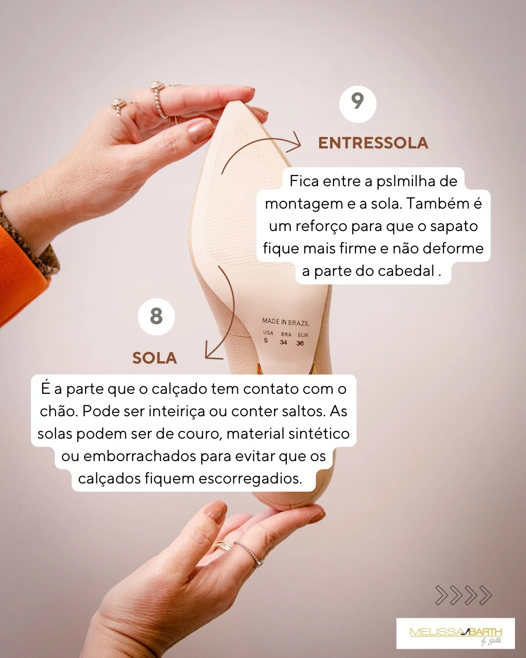 Imagem da parte de baixo de um sapato com bico apontando para cima enquandrando toda a sola com o texto 8 - Sola é a parte que o calçado tem contato com o chão. Pode ser inteiriça ou conter saltos. As solas podem ser de couro, material sintético ou emborrachados para evitar que os calçados fiquem escorregadios. Texto na parte ssuperior da sola do sapato perto do bico: 9 - Entressola fica entre a palmilha de montagem e a sola. Támbem é um reforço para que o sapato fique mais forme e nào deforme a parte do cabedal.