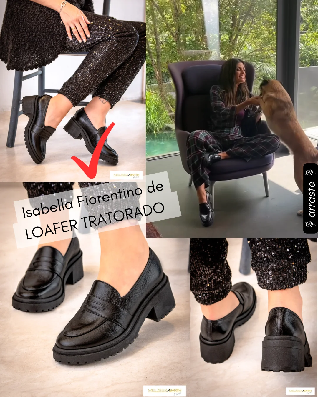quatro imagens em uma mesma foto contendo as fotos anteriores e uma nova foto de Isabela Fiorentinno usando uma calçado tipo loafer preto sentada em uma poltrona, sorrindo e brincando com um chachorro cor de caramelo. 
